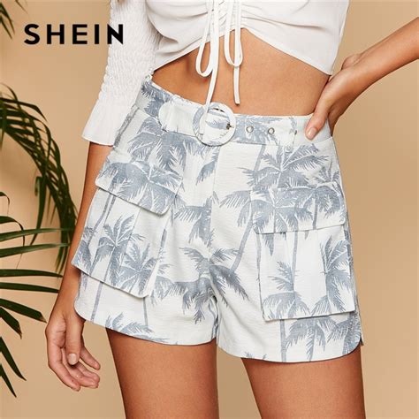 shein o ring belted pocket patched tropical print shorts women 2019
