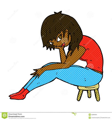comic cartoon woman sitting on small stool stock