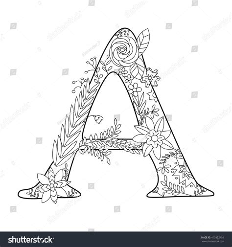 floral alphabet letter coloring book  adults vector illustration