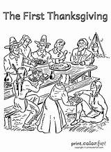Thanksgiving Coloring Pages First Pilgrims Color Drawing Feast Adults Native Americans Printable Dinner Print Adult Book Printables Kids Sheets Cartoon sketch template