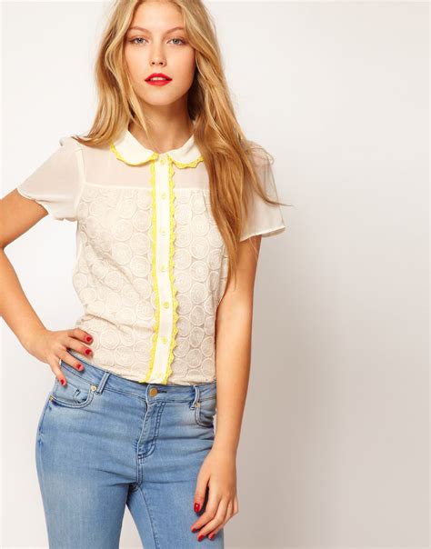 asos collection asos blouse  lace trims  embroidery  white lyst