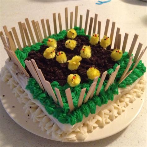 cake    decorated  grass  chicks   sitting   plate