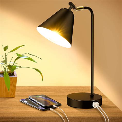 industrial dimmable desk lamp   usb charging ports ac outlet touch control bedside