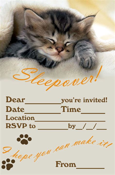 kitty coloring  printable sleepover slumber party invitations