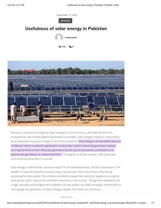 usefulness  solar energy  pakistan pakistan todaypdf