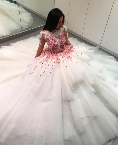 White And Pink Flowers Long Sleeve Ball Gown 2016 Quinceanera Dresses