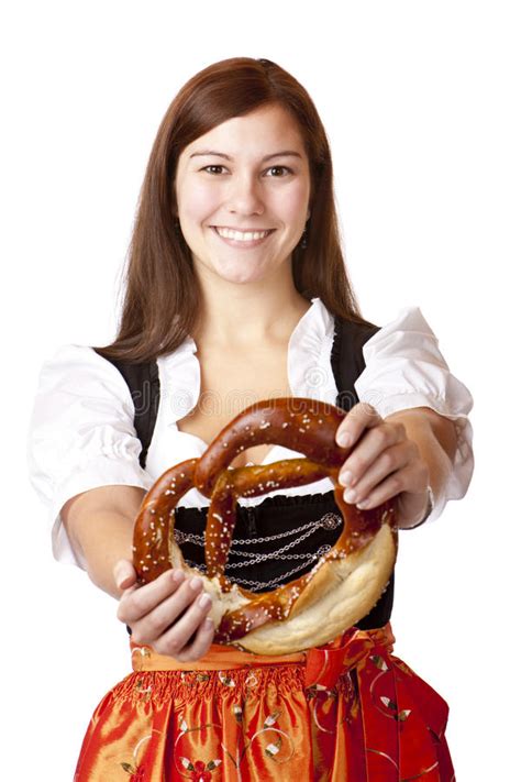Woman In Dirndl Dress Holds Oktoberfest Beer Stein Stock