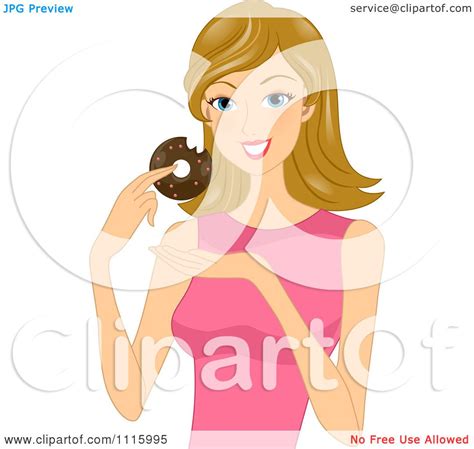 Clipart Happy Blond Woman Eating A Chocolate Donut