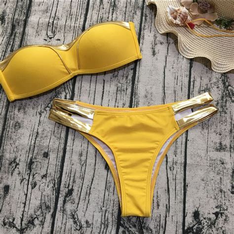 Women Gold Metallic Bordered Bikini Bandeau Push Up Swimsuit Sexy