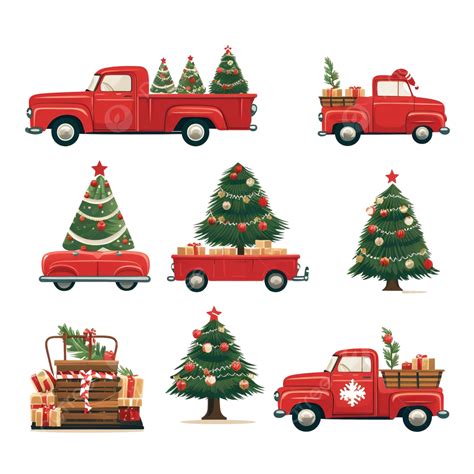 big set with decorated christmas tree and red car transporting