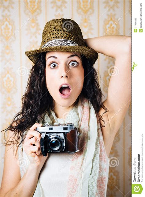 Hipster Jaw Dropped Woman With Camera Stock Image Image