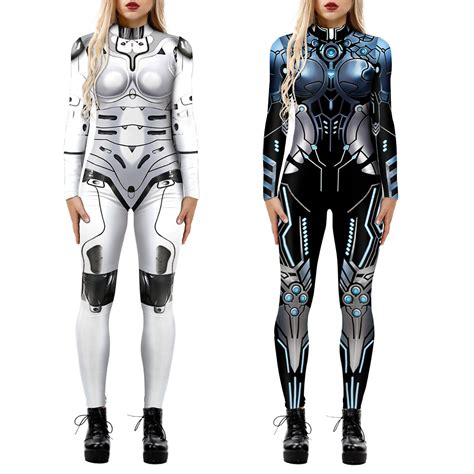 Women Robot Print Bodysuit Long Sleeve Skinny Catsuit Jumpsuit