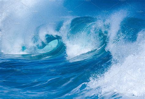powerful waves curl  shorebreak nature  creative market