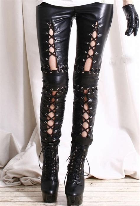 women gothic lace up pant punk rock faux leather pants lady party night