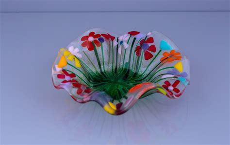 Fused Glass Colourful Flower Fluted Dish Floral Bowl By