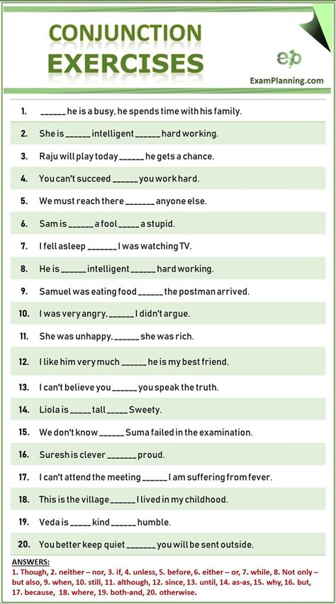 conjunction exercises solved english grammar exercises