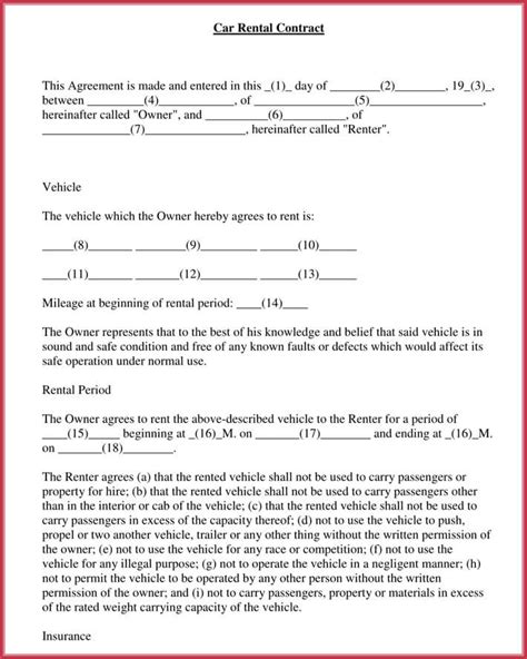 car rental lease agreement forms templates