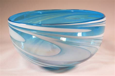 Hand Blown Glass Bowl Turquoise And White Swirls
