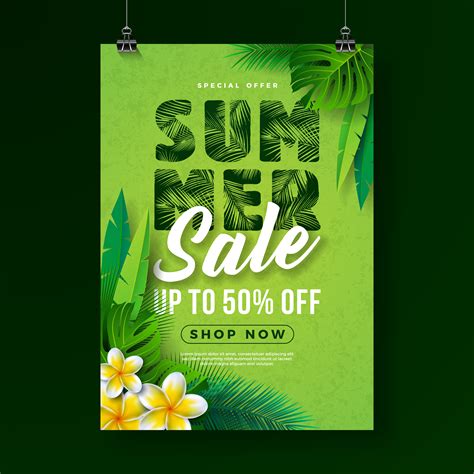 summer sale poster design template  flower  exotic leaves  green background tropical