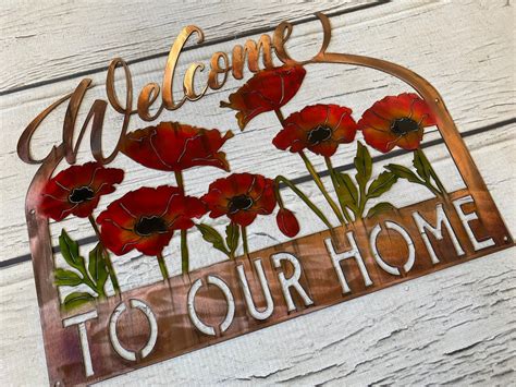 welcome poppy sign poppy sign floral sign metal welcome etsy