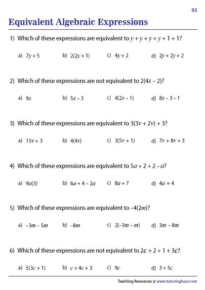 equivalent expressions worksheets  answers
