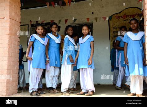 group  indian school girls wearing school uniform   government