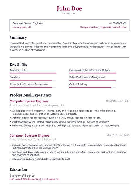 computer system engineer resume   content sample craftmycv