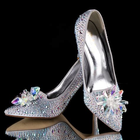 summer silver high heeled thin heel pumps crystal rhinestone pointed toe wedding shoes stiletto