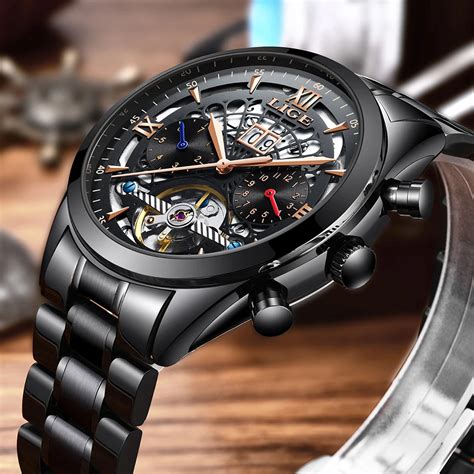 lige  mens  wind tourbillon mechanical watches water resistant automatic skeleton