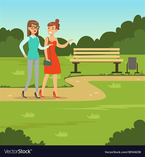 Two Female Friends Walking In Park Friendship Vector Image