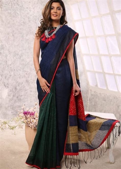 ways  wear  saree palla threads werindia blue silk saree