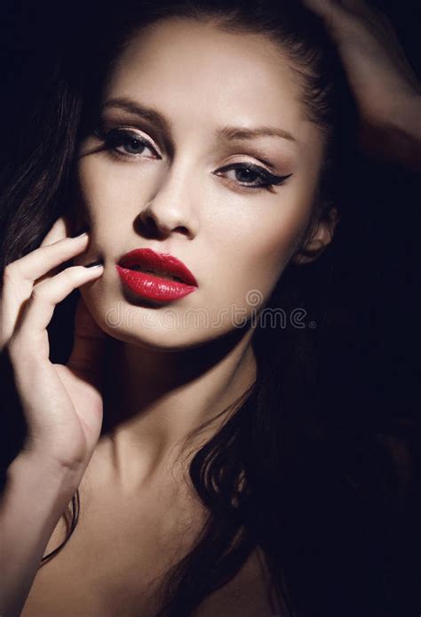 portrait of beautiful brunette with red lips stock image image of