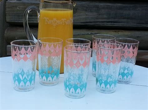 Beautiful Vintage Drinking Glasses Pink Blue White By Pastback