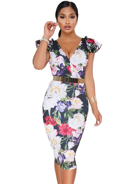 Sexy Dark Blue Bodycon Midi Dress With Floral Print