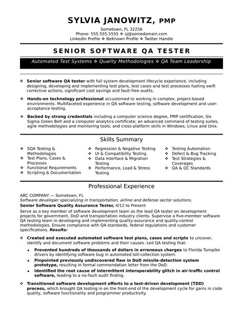 experienced qa software tester resume sample monstercom