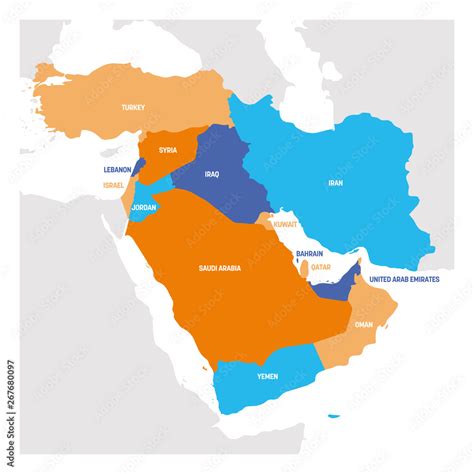 west asia region map  countries  western asia  middle east vector illustration stock