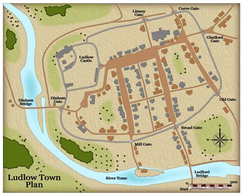imaginative map shows  size  layout  medieval ludlow