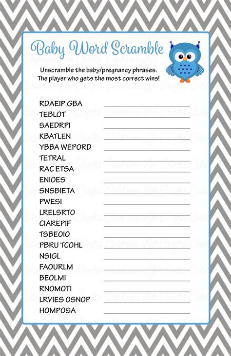 baby word scramble printable  blue gray baby shower game