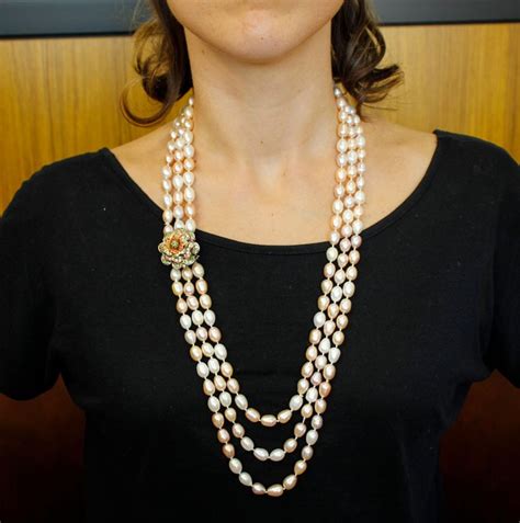 Multi Strands Beaded Pearl Necklace With 9 Karat Rose Gold And Silver