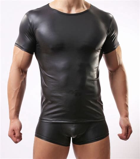 Plus Size Strong Mens Hot Sexy Faux Leather Black T Shirt Short Sleeves
