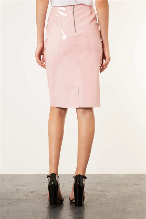 lyst topshop pale pink vinyl pencil skirt in pink