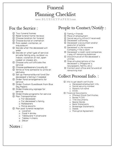 printable funeral planning checklist  customize  print