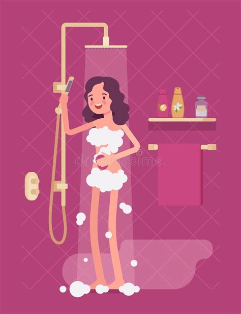 Woman Taking A Relaxing Shower Soaping With Foam Stock Vector