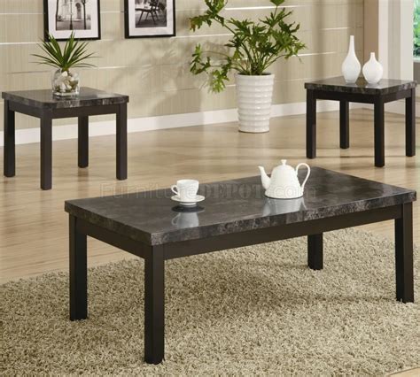 Black Finish Modern 3pc Coffee Table Set W Marble Like Top