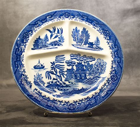 antique moriyama blue willow china divided dinner plate   occupied japan blue willow