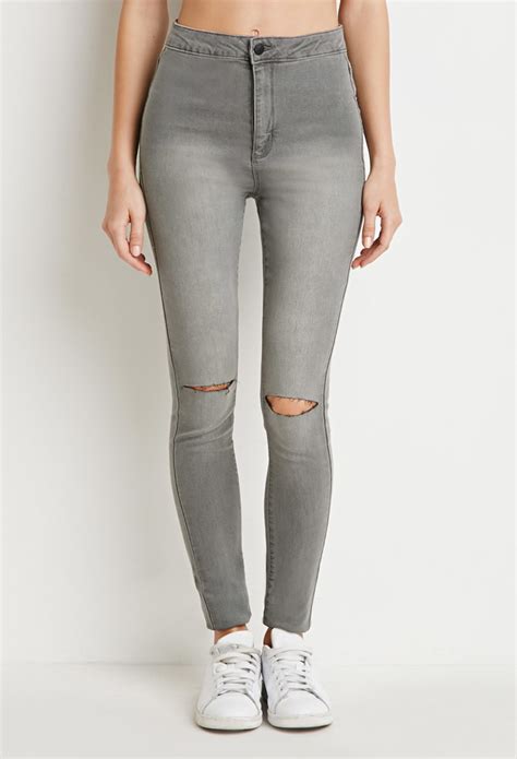 forever 21 ripped skinny jeans in gray grey lyst