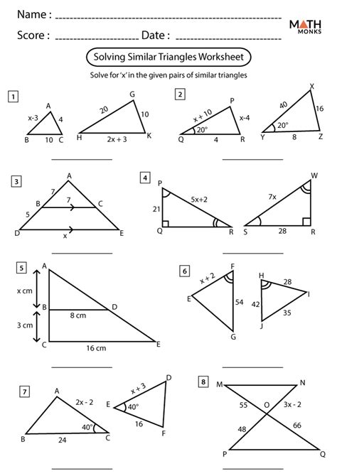 similar triangles worksheets math monks