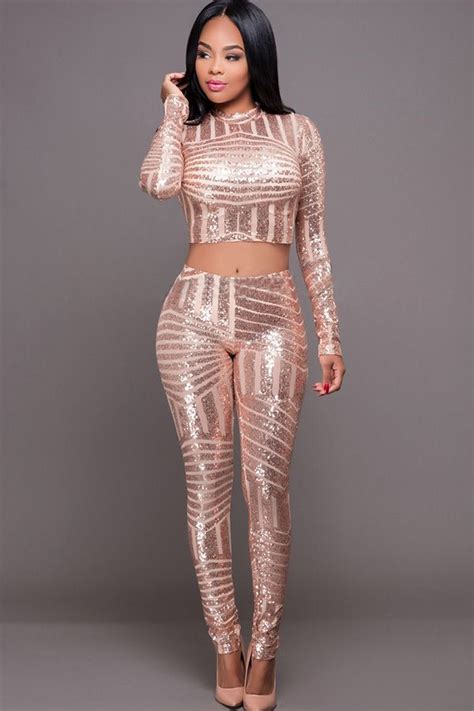 Gold Sequin Long Sleeve Mock Neck Two Piece Club Jumpsuit