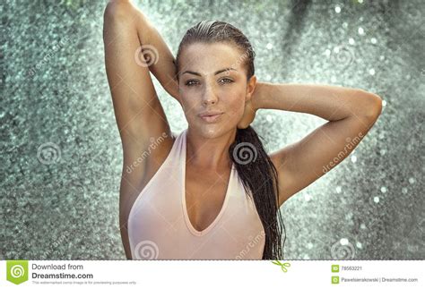 natural brunette woman with freckles on face stock image