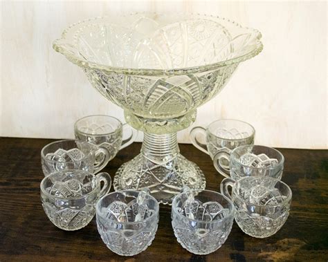 antique american brilliant pressed glass punch bowl set early